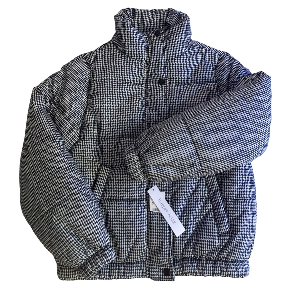 Harper & Lex Puffer Jacket Womens Medium Black White NEW Houndstooth Funnel Neck